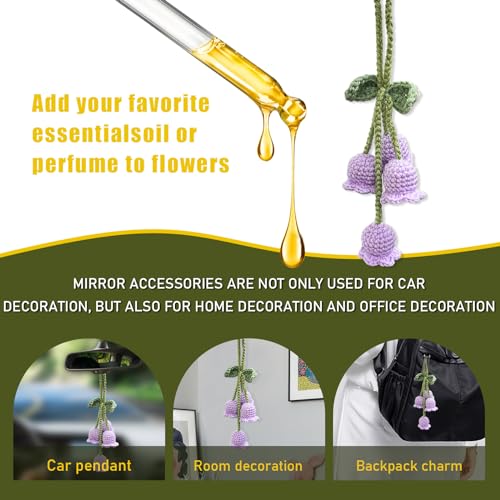 Car Mirror Rear View Mirror Convallaria Accessories, Cute Car Rear View Mirror Hanging Daisy Decorative Charms, Universal Handmade Daisy Aesthetic Ornament for Most Vehicles (Purple)