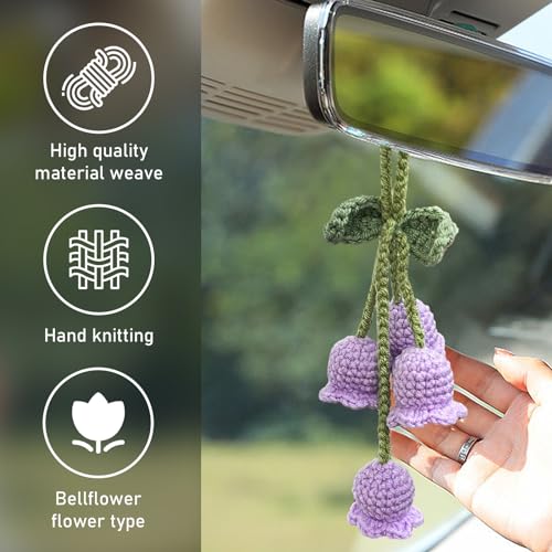 Car Mirror Rear View Mirror Convallaria Accessories, Cute Car Rear View Mirror Hanging Daisy Decorative Charms, Universal Handmade Daisy Aesthetic Ornament for Most Vehicles (Purple)